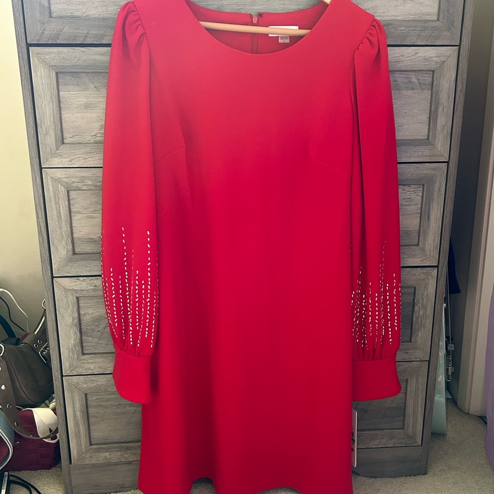 Elegant Red Dress with Embellished Sleeves